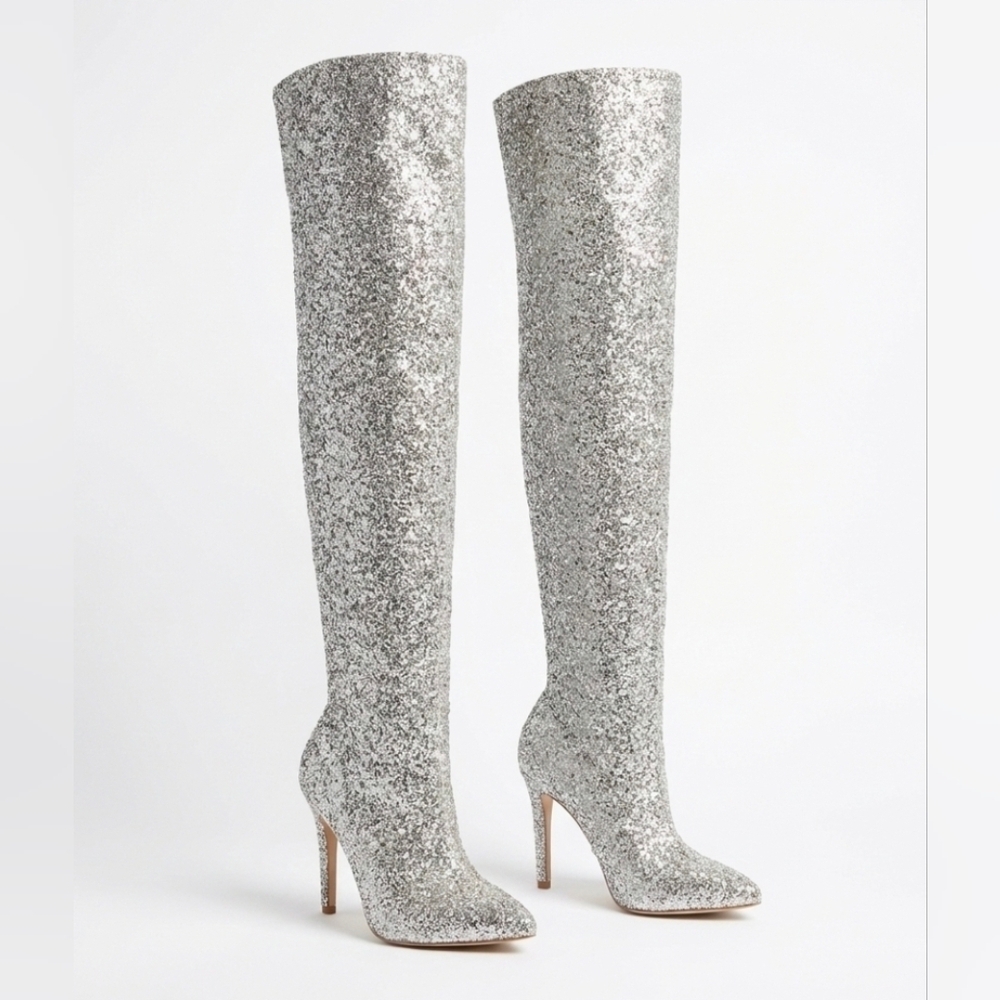Steve Madden Miracle Sparkling Silver Over-the-Knee Boots Sz: 7